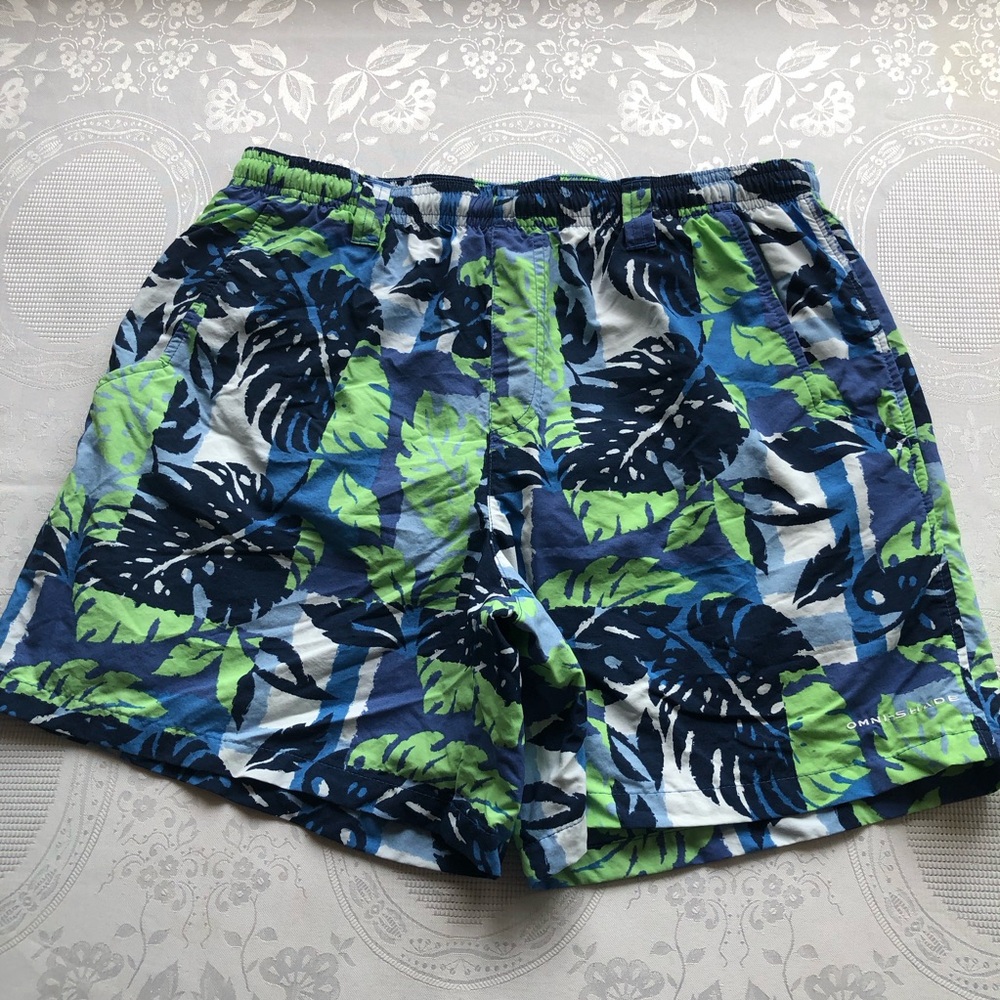 Columbia Men's Size M Tropical Leaf Swimming Trunks Shorts Blue/Green Activewear
